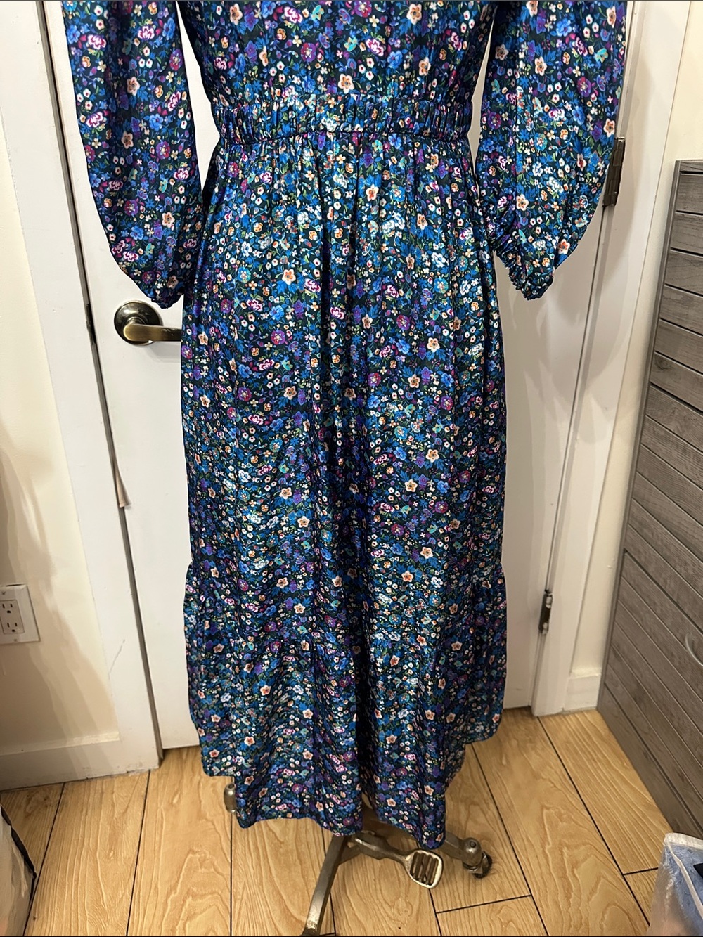 Sandro Blue Floral Maxi Dress with Puff Sleeves - Picture 7 of 14